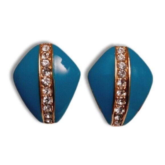 VENDOME Signed Vintage Turquoise Blue Enamel Post Earrings & Rhinestones Jewelry - Picture 1 of 14